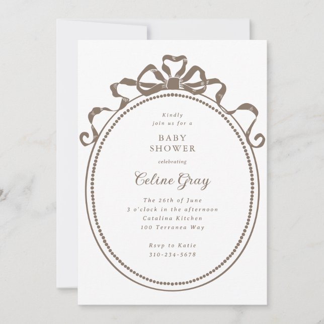 Antique Ribbon Bow Victorian Brown Baby Shower Invitation (Front)