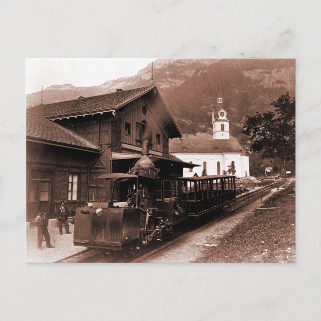 Antique Rigi Railroad mountain train station photo Postcard (Front)