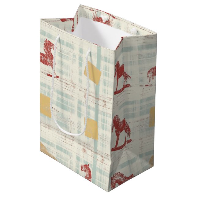 Antique Rocking Horse Teal Plaid Pattern Medium Gift Bag (Front Angled)