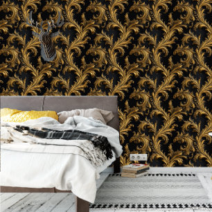 Antique Rococo Black Gold Baroque Wallpaper