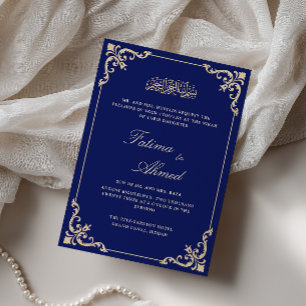 Antique Rococo Flourish Royal Blue Nikah Ceremony Invitation