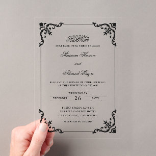 Antique Rococo Frame Black Script Muslim Wedding Acrylic Invitations