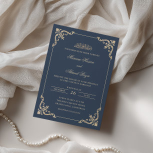 Antique Rococo Frame Gold Navy Blue Muslim Wedding Invitation