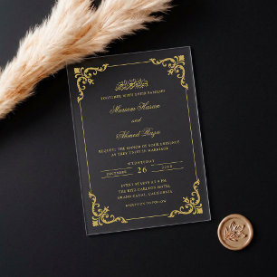 Antique Rococo Frame Gold Script Muslim Wedding Acrylic Invitations