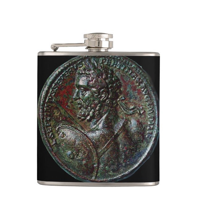 ANTIQUE ROMAN BRONZE MEDALLION black Hip Flask (Front)