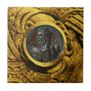 ANTIQUE ROMAN BRONZE MEDALLION WITH GOLD GRIFFINS TILE