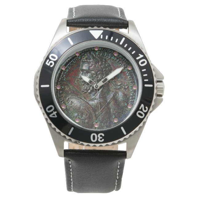 ANTIQUE ROMAN BRONZE MEDALLION WITH PINK GEMSTONES WATCH (Front)