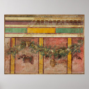 ANTIQUE ROMAN FRESCO,SATYR MASK,GARLAND,FRUITS  POSTER