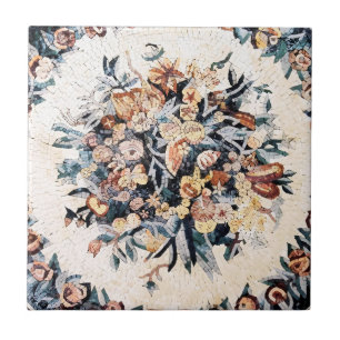 Antique Roman Italian Elegant Floral Mosaic Brown  Tile