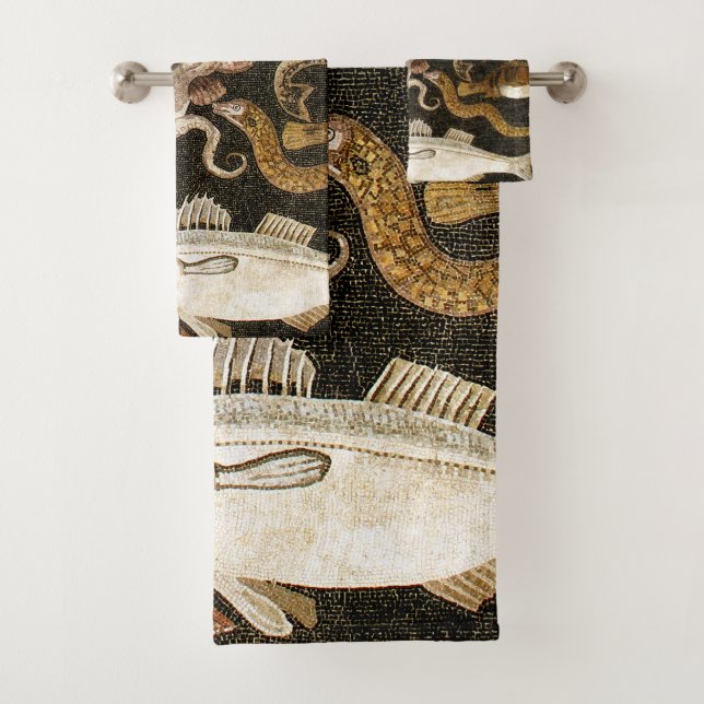 Antique Roman Mosaic Pompeii Sea Life Stone Mosaic Bath Towel Set (Insitu)