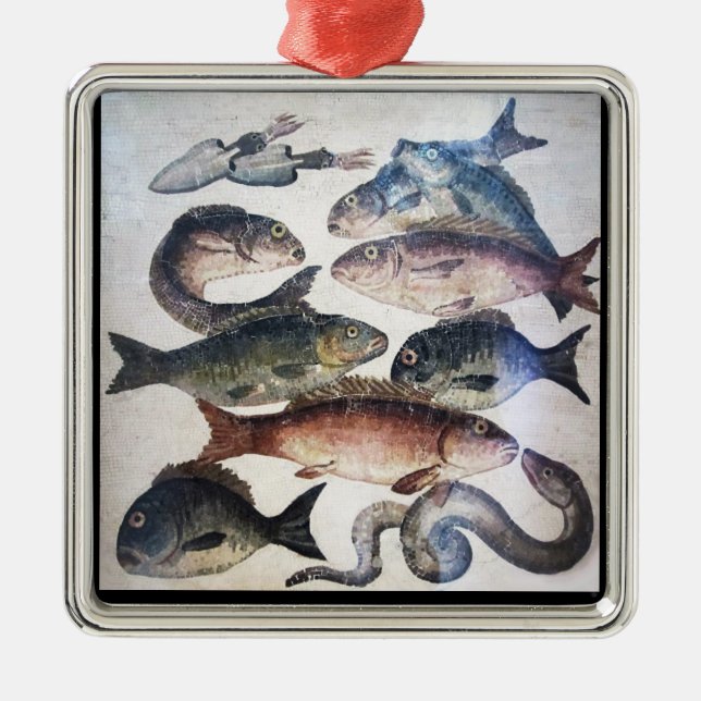 ANTIQUE ROMAN MOSAICS, FISHES,OCEAN SEA LIFE SCENE METAL ORNAMENT (Front)
