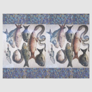 ANTIQUE ROMAN MOSAICS,FISHES,OCEAN SEA LIFE SCENE TISSUE PAPER