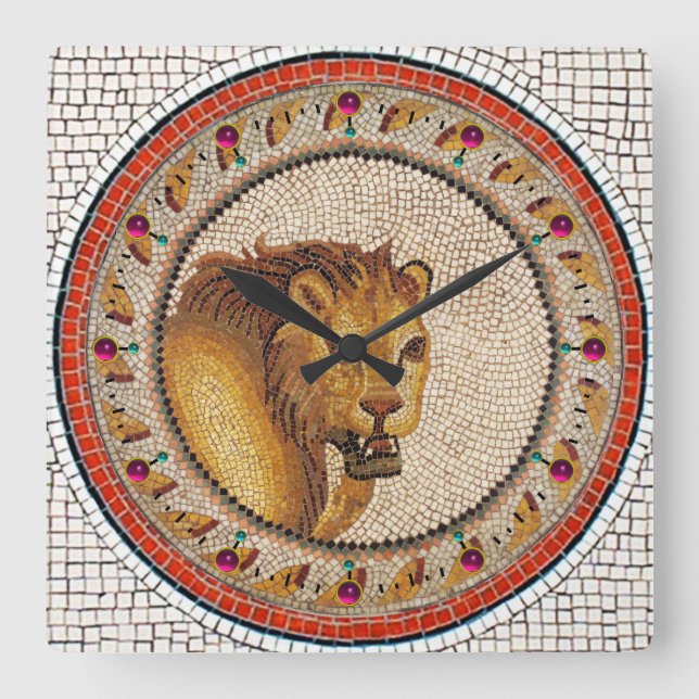 ANTIQUE ROMAN MOSAICS / LION SQUARE WALL CLOCK (Front)