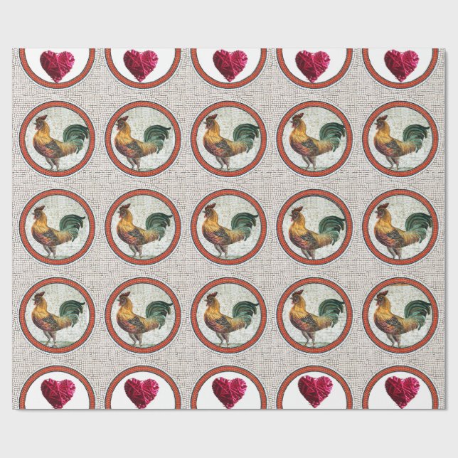 ANTIQUE ROMAN MOSAICS,ROOSTER ,BRAIDED PINK HEARTS WRAPPING PAPER (Flat)