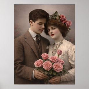Antique Romantic Couple with Roses Poster