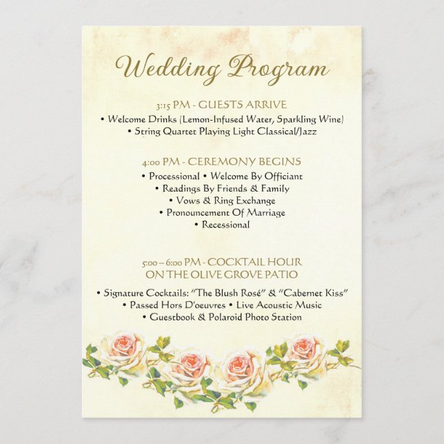 Antique Rose 5 x 7 Wedding Program Flat (Front)