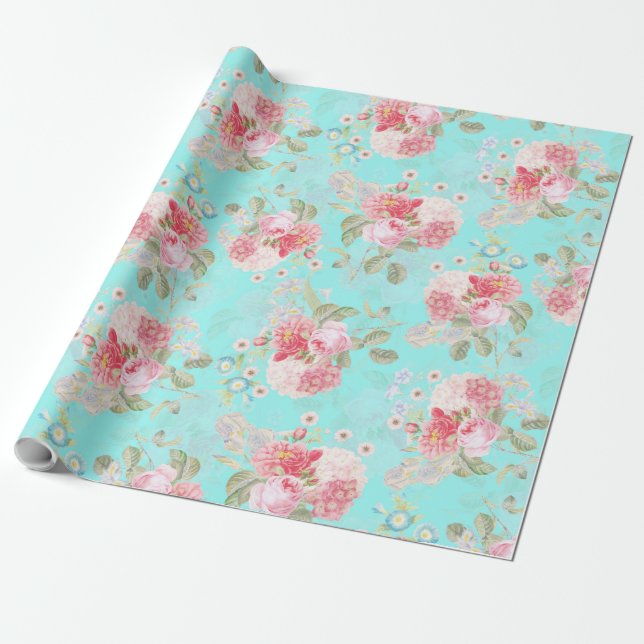 Antique Rose Bouquets by Redouté on blue Wrapping Paper (Unrolled)