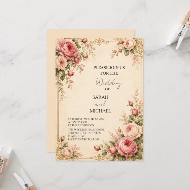 antique rose garden wedding invitation (Front/Back In Situ)