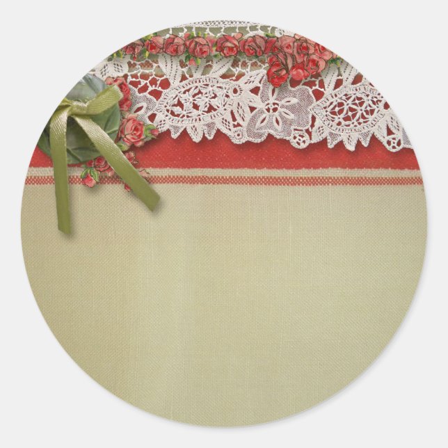 Antique Rose Lace Rustic Red Victorian Burlap Classic Round Sticker (Front)