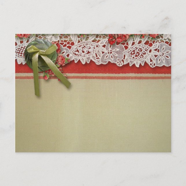 Antique Rose Lace Rustic Red Victorian Burlap Invitation Postcard (Front)