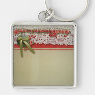 Antique Rose Lace Rustic Red Victorian Burlap Keychain