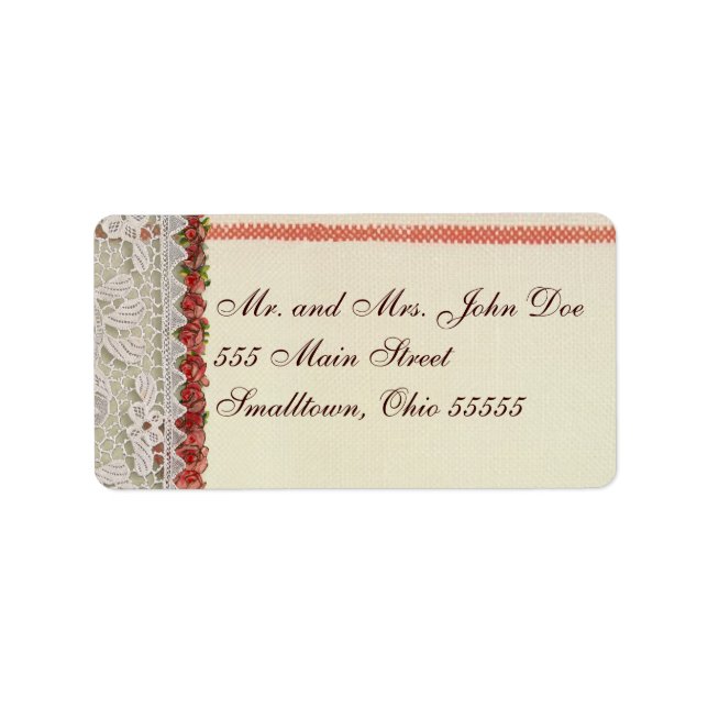 Antique Rose Lace Rustic Red Victorian Burlap Label (Front)