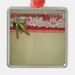 Antique Rose Lace Rustic Red Victorian Burlap Metal Ornament