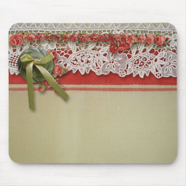 Antique Rose Lace Rustic Red Victorian Burlap Mouse Pad (Front)