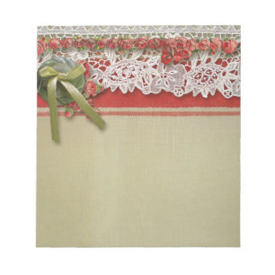 Antique Rose Lace Rustic Red Victorian Burlap Notepad