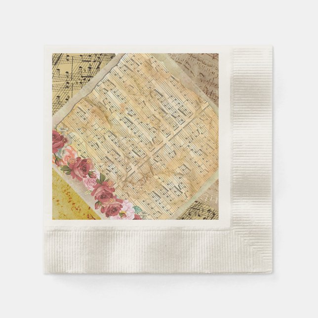 Antique Rose Musical Notes Paper cocktail Napkin (Front)