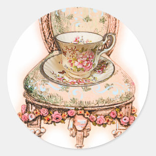 Antique Rose Teacup and Victorian Chair Classic Round Sticker