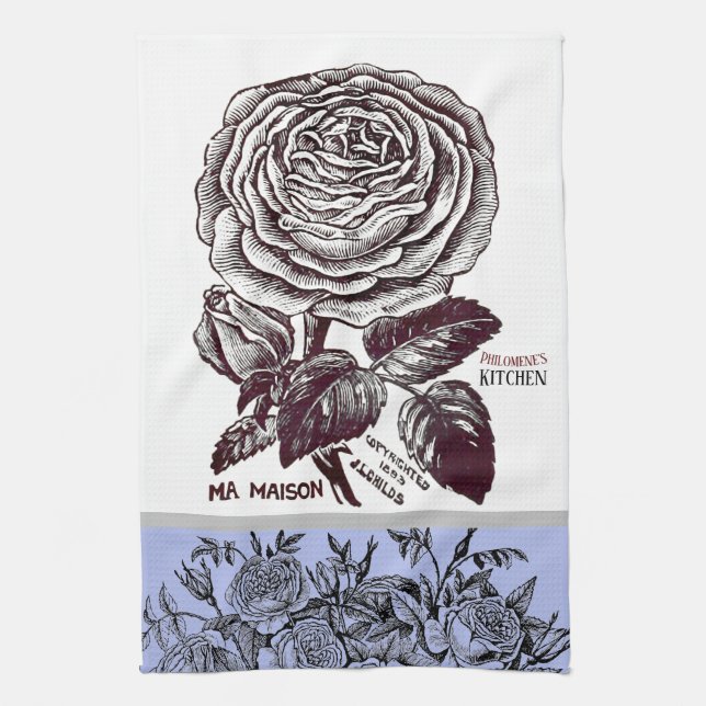 Antique Rose - Your Choice of Text Periwinkle Kitchen Towel (Vertical)