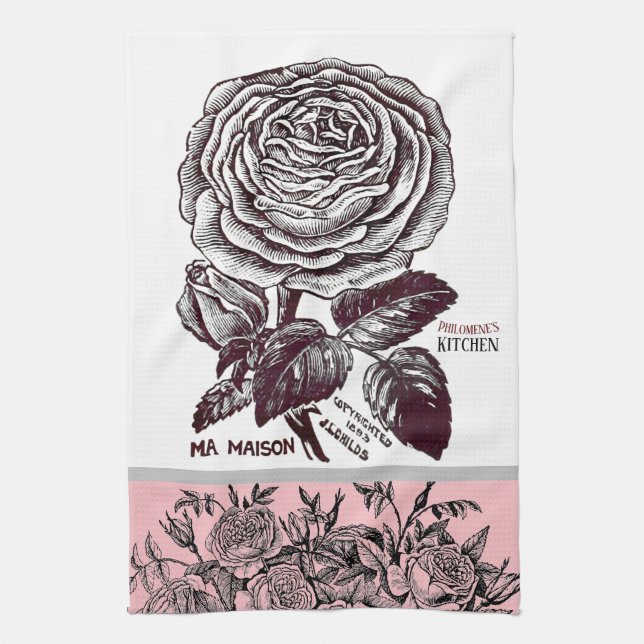 Antique Rose - Your Choice of Text Pink Kitchen Towel (Vertical)