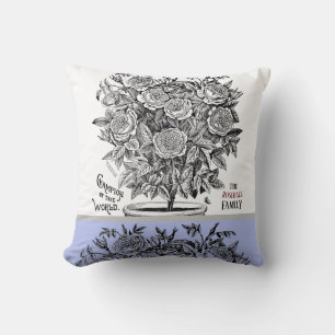 Antique Rosebush - Your Choice of Text Periwinkle Throw Pillow
