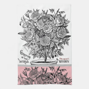Antique Rosebush - Your Choice of Text Pink Kitchen Towel