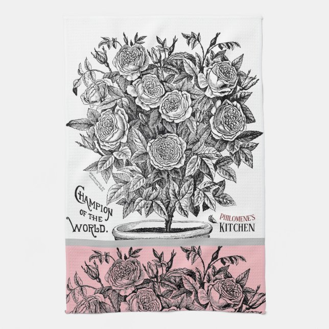 Antique Rosebush - Your Choice of Text Pink Kitchen Towel (Vertical)