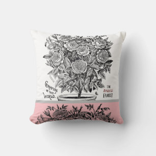 Antique Rosebush - Your Choice of Text Pink Throw Pillow