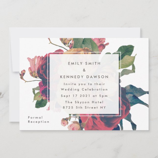 Antique Roses Vintage White Wedding Invitation (Front)