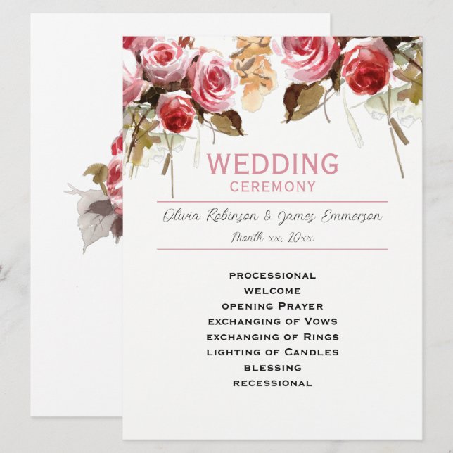 Antique Roses Watercolor Pink Wedding Program (Front/Back)