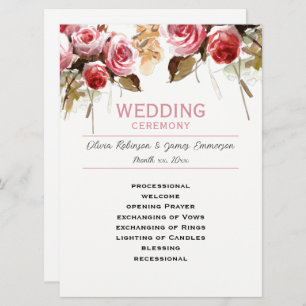 Antique Roses Watercolor Pink Wedding Program