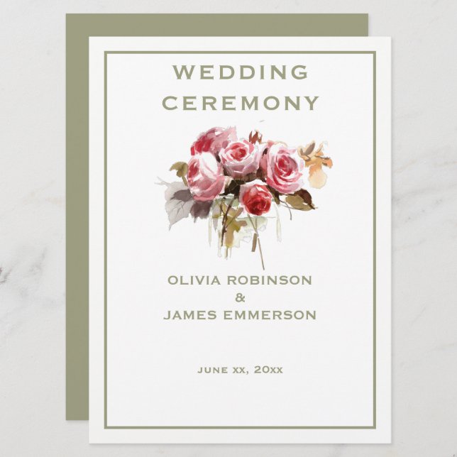 Antique Roses Watercolor Roses Ceremony Program (Front/Back)