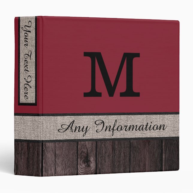 Antique Ruby Colour Rustic Look Wood Monogram Binder (Front/Spine)