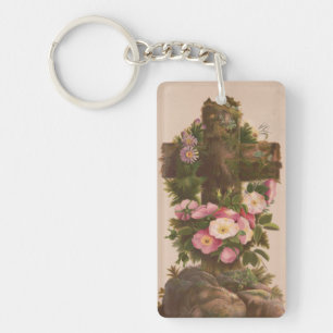 Antique Rustic Cross, Wild Roses, Easter Card, Keychain