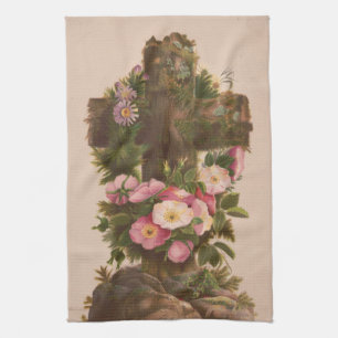 Antique Rustic Cross, Wild Roses, Easter Card, Kitchen Towel