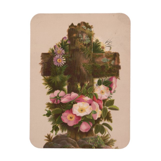 Antique Rustic Cross, Wild Roses, Easter Card, Magnet (Vertical)