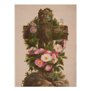 Antique Rustic Cross, Wild Roses, Easter Card, Poster