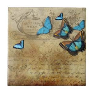 Antique Rustic Decoupage N Blue Butterflies Tea  Tile