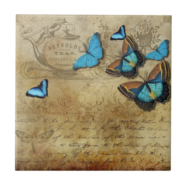 Antique Rustic Decoupage N Blue Butterflies Tea  Tile (Front)