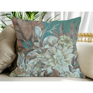Antique Rustic Flowers Painted Over Teal  Throw Pillow