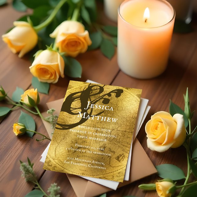 Antique Rustic Gold Map Wedding Invitation (Antique Rustic Gold Map Wedding Invitation)